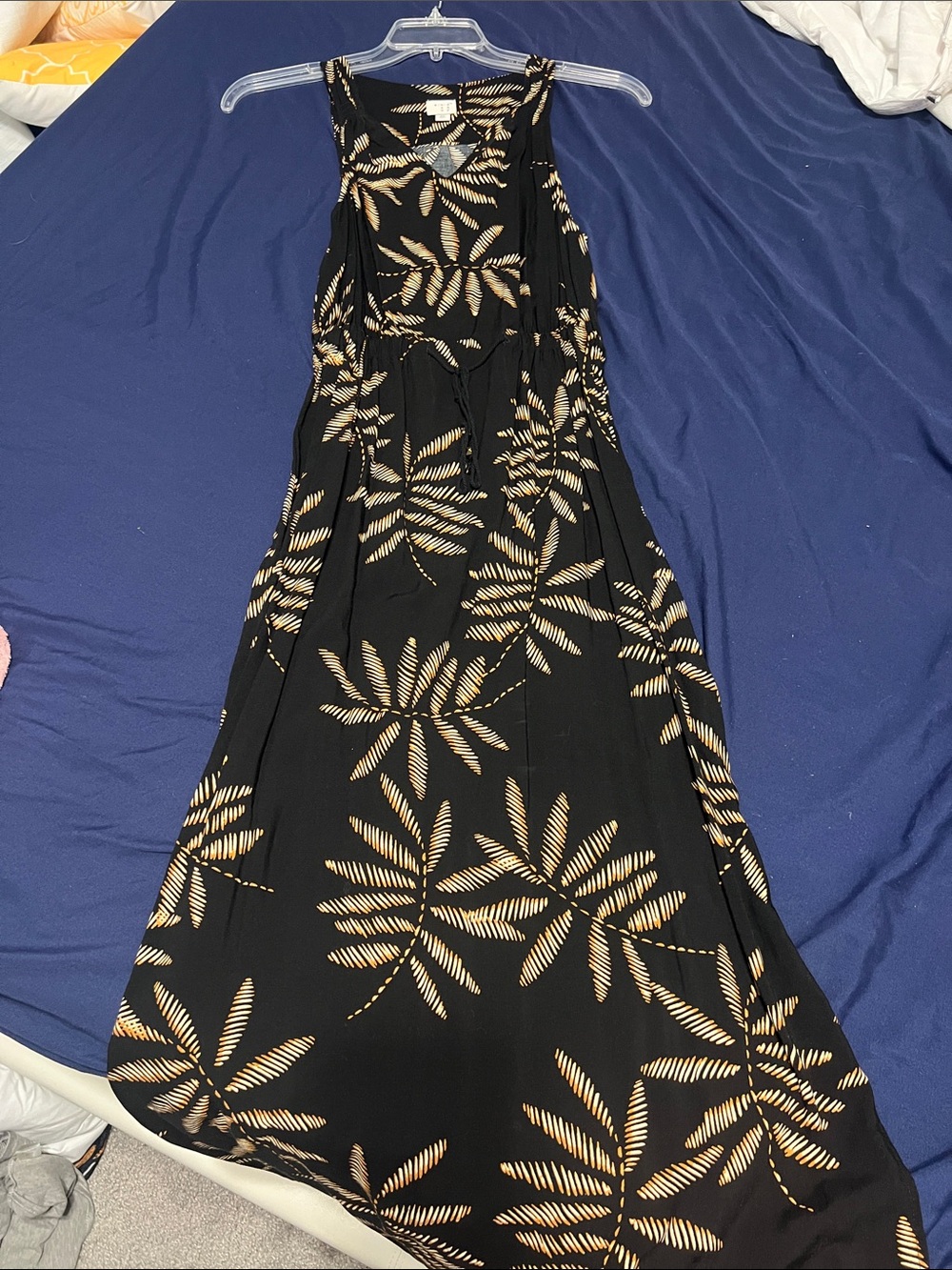 Black Sleeveless Maxi Dress with Beige Leaf Print
